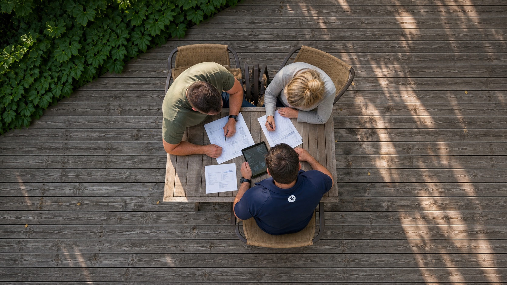 Overhead view of two homeowners and a solar advisor reviewing financing paperwork at a backyard deck table
