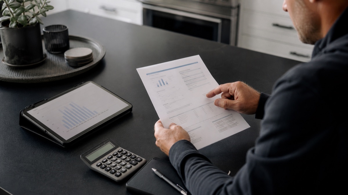 Illinois homeowner reviewing a printed electric bill at a kitchen island with a tablet and calculator
