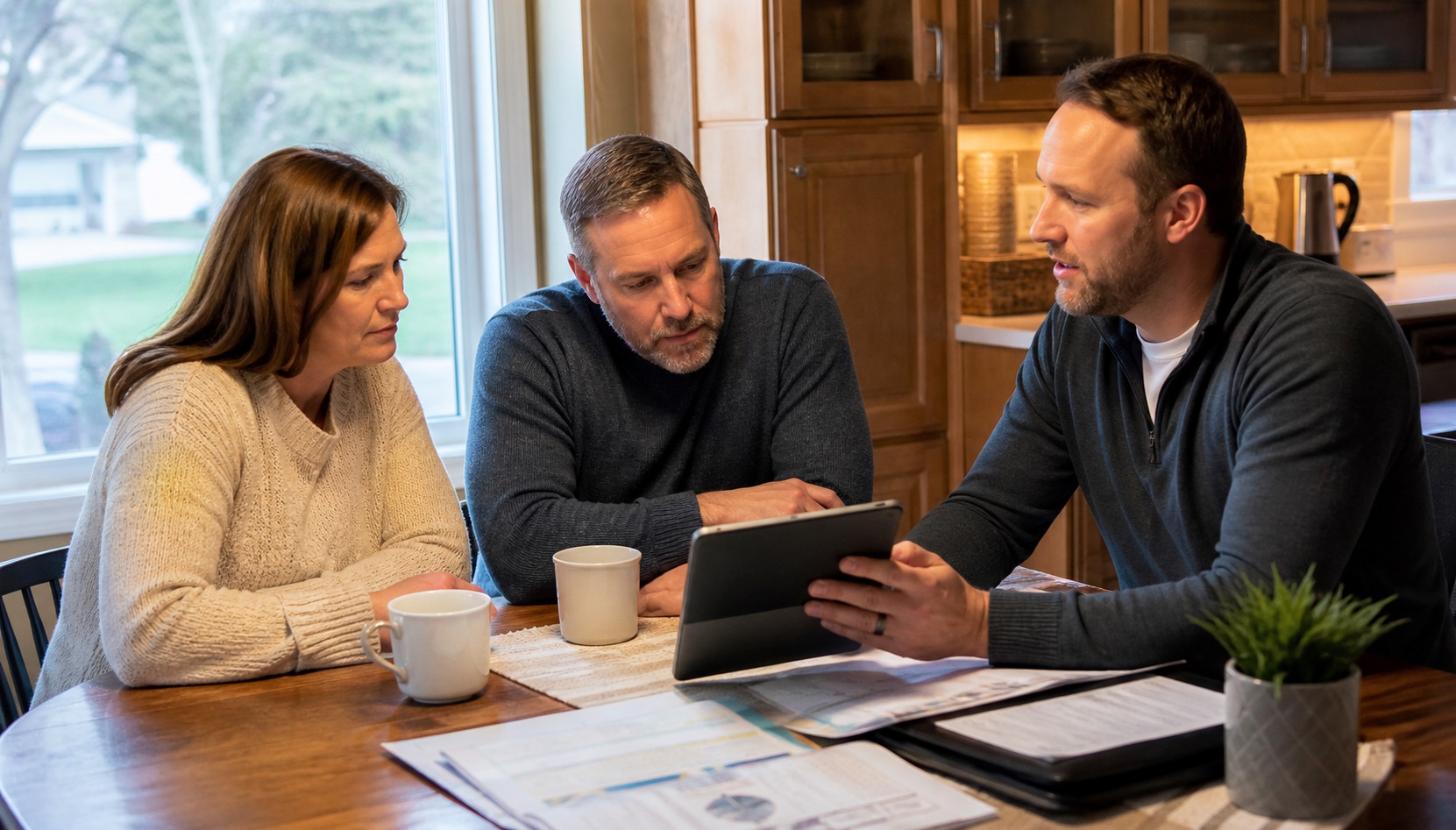 Direct Solar Pros consultant walking two Illinois homeowners through their electric bill on a tablet