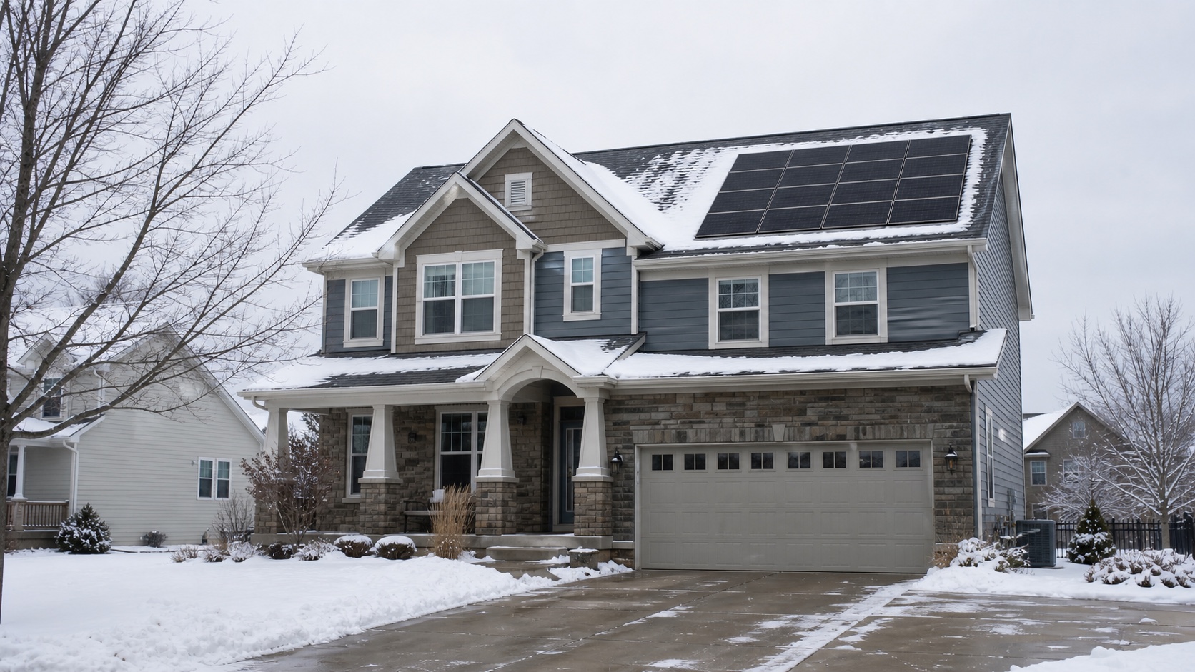 Two-story Illinois home with snow on the roof and clear black solar panels after a winter storm