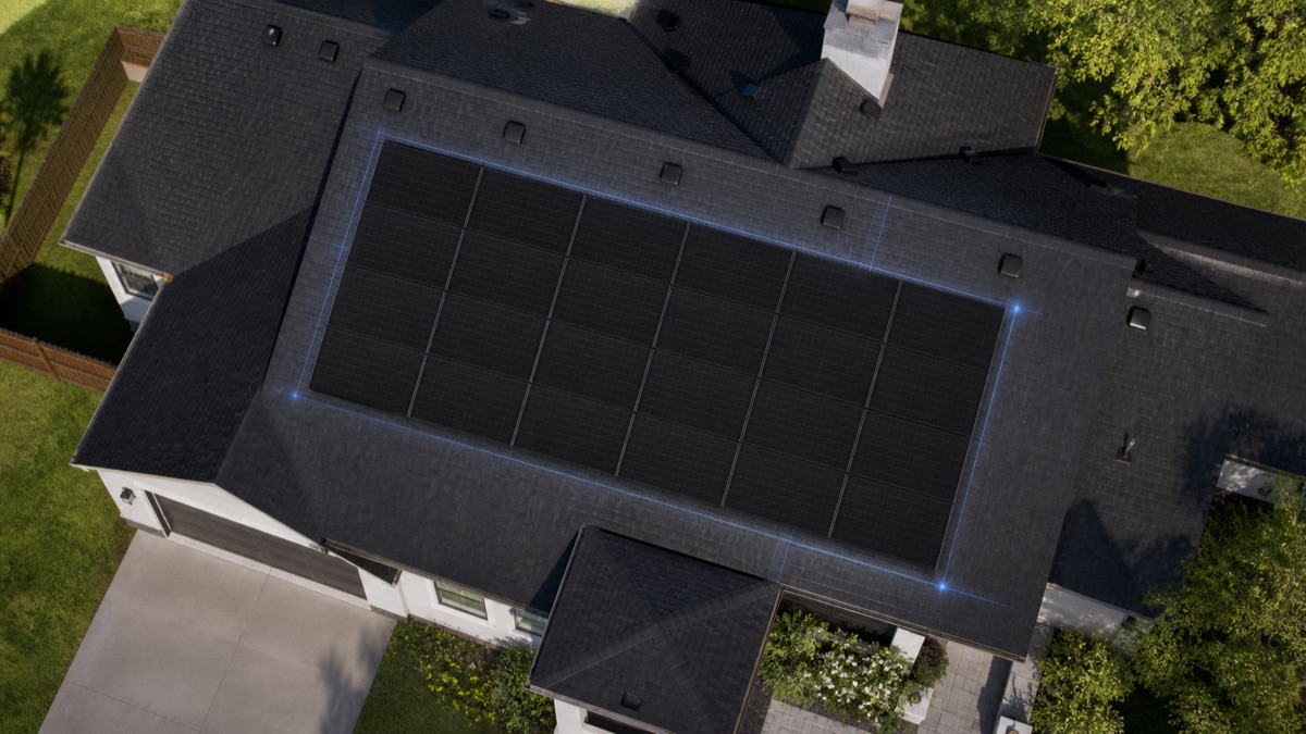 Aerial rendering of a suburban roof with the solar panel layout highlighted for a home solar design