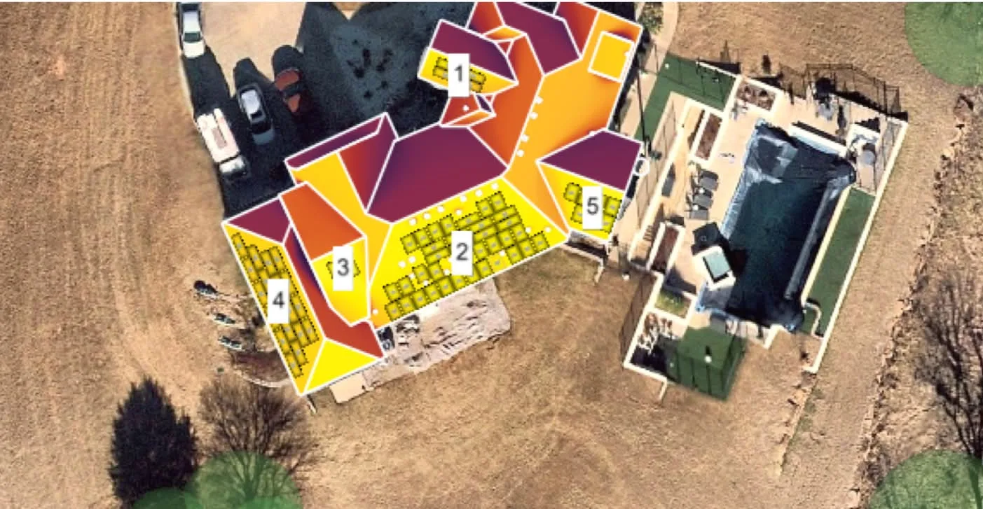 Aerial production and shade map of a Central Illinois roof with numbered panel groups