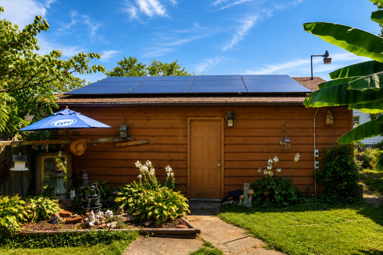 Solar array on a cedar detached garage in Illinois, photographed during a Direct Solar Pros field day
