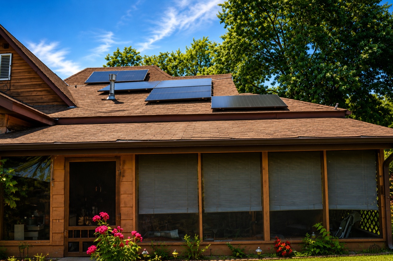Small groups of solar panels on the brown shingle roof of a wood-sided home with a screened porch