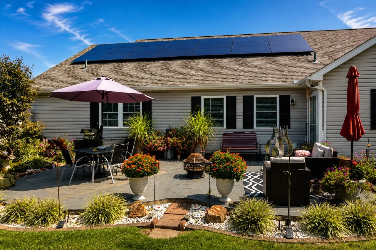 Ranch home with rooftop solar panels above a patio with purple umbrellas and planters