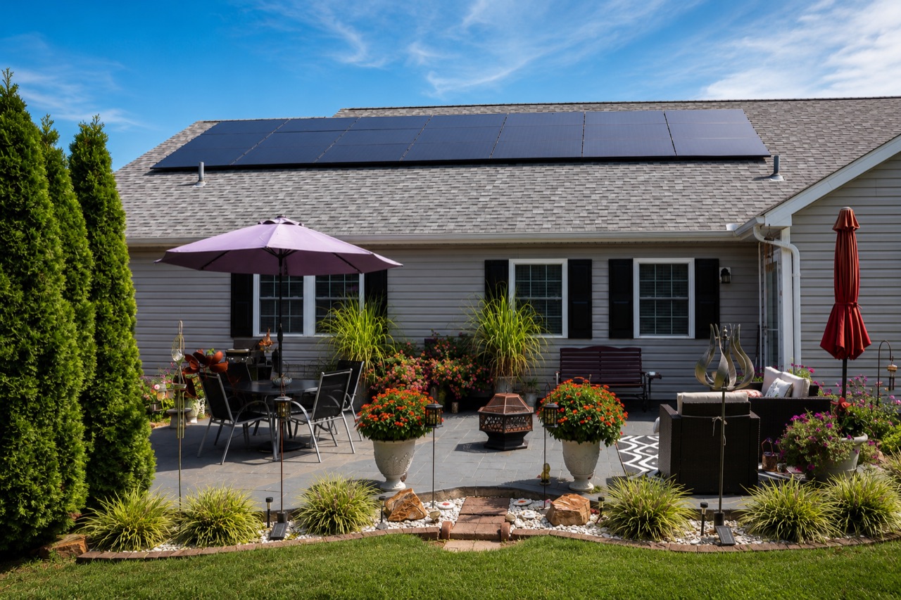 Wide view of a rooftop solar array above a landscaped patio with umbrellas and evergreen trees