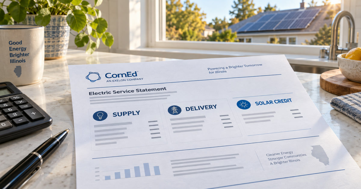 ComEd bill showing supply and delivery charges side by side with a solar export credit line