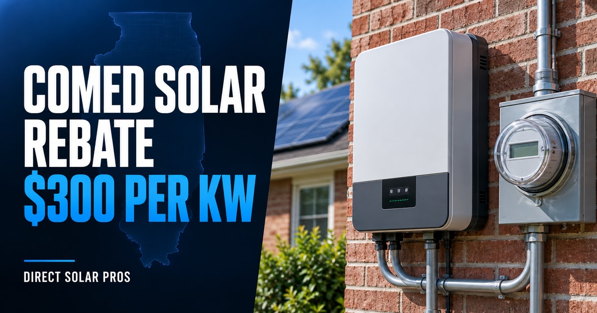 ComEd solar rebate guide showing a residential smart inverter and utility meter with $300 per kW highlighted
