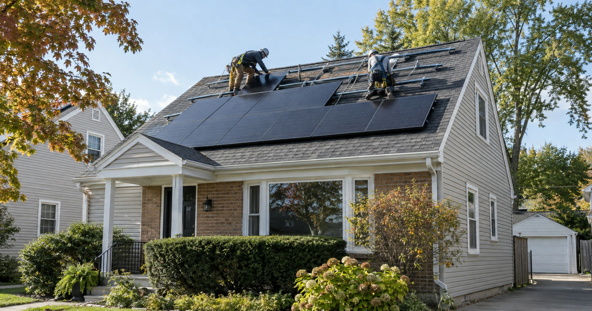Solar panels being installed on a modest single-family home in an Illinois neighborhood