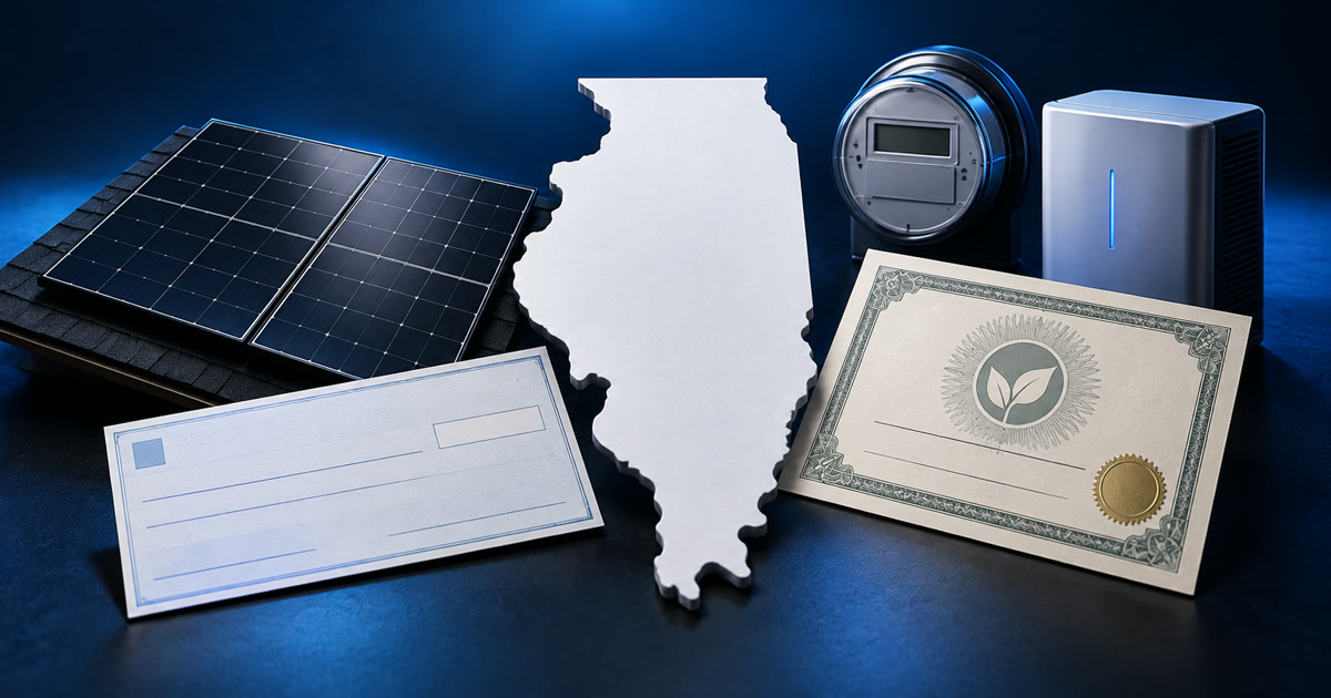 Illinois state outline with solar panels, a utility rebate check, a REC certificate, a meter, and a home battery