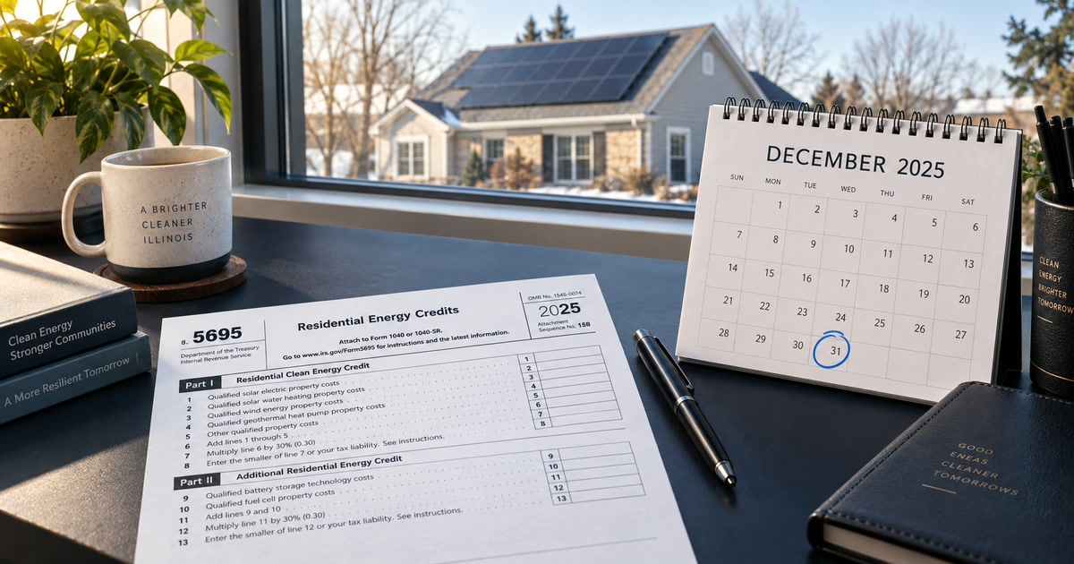 IRS Form 5695 beside a calendar page turned to December 2025, marking the end of the residential solar credit